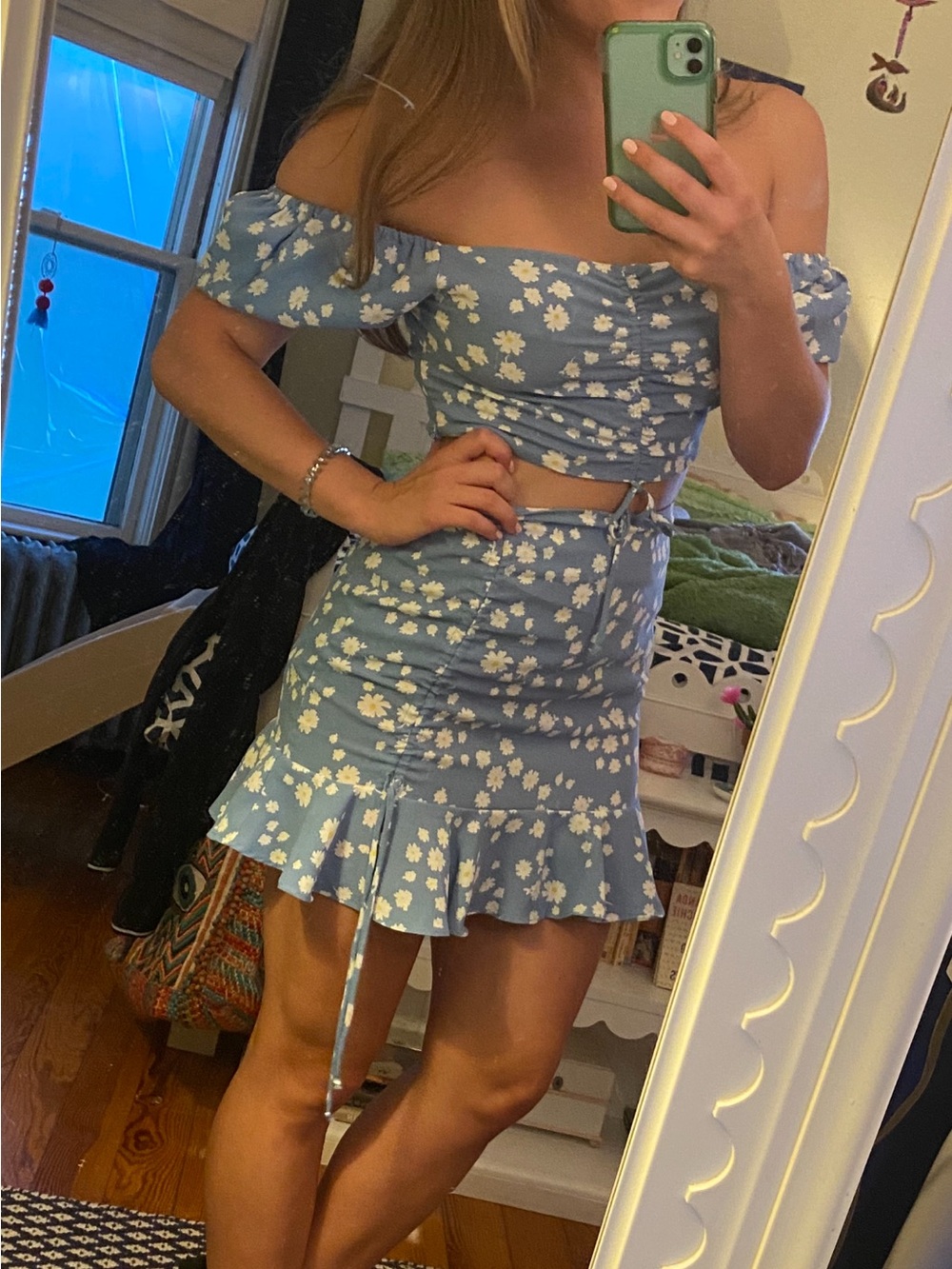 Floral Ruffle Mini Skirt in Light Blue